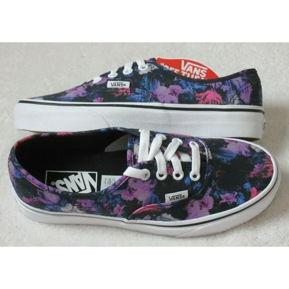 Vans Authentic Women's Warped Floral Canvas Skate Shoes Black True White NWT